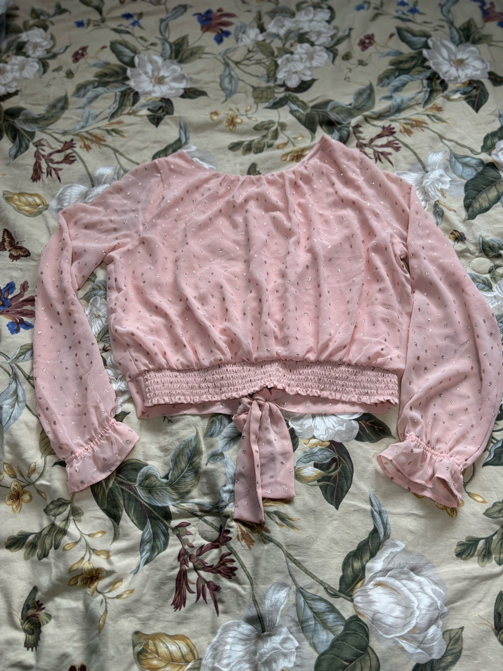 H&M Light Pink Long-Sleeve Smocked Waist Blouse with Tie